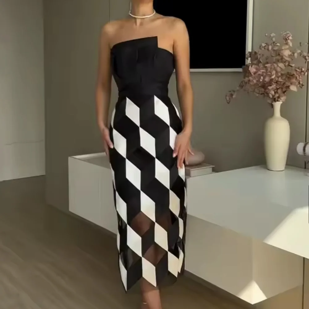 Midi Dress Women Fashion Sleeveless Tube Nipped Waist Contrast Multifaceted Prin - Picture 1 of 6